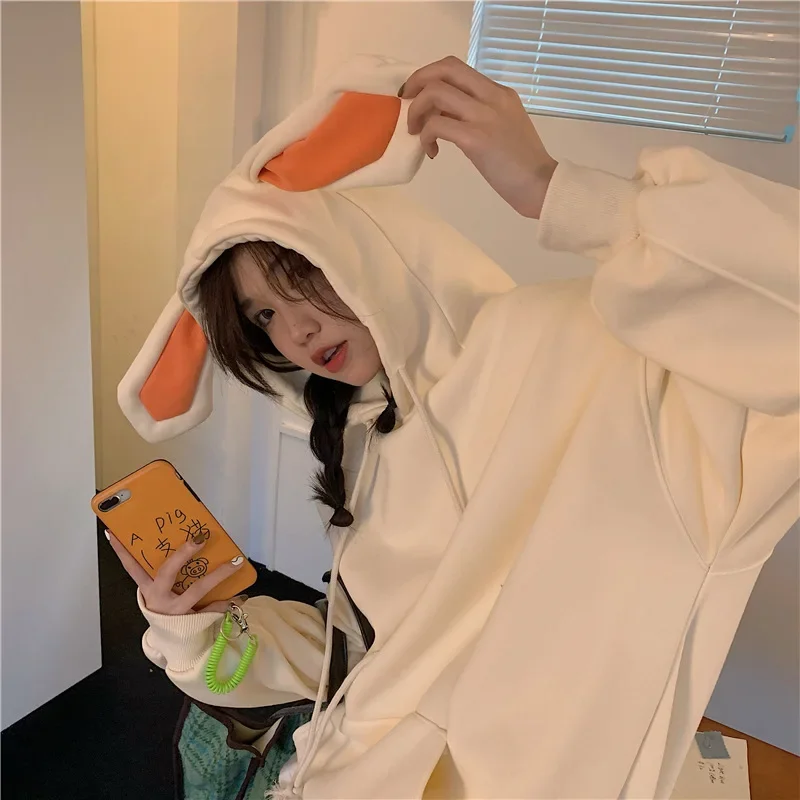 Fashion 2022 Korean Cute Kawaii Harajuku Loose Plus Fleece Sweater Rabbit Ears Hooded Long-sleeved Sweater Pullover Sweatshirt
