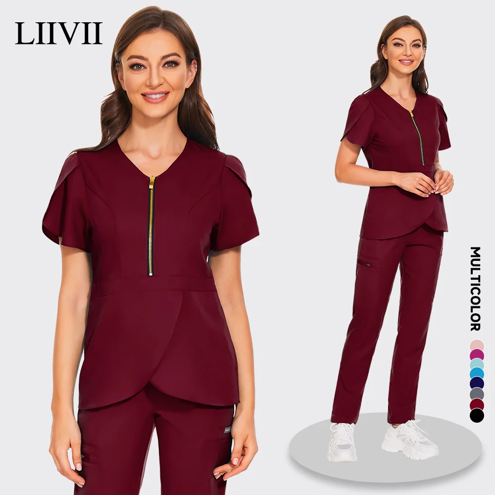 

Wholesale Hospital Uniforms Fashion Scrubs Suits Solid Color Medical Surgical Gown Pocket V-neck Scrubs Sets for Women Joggers