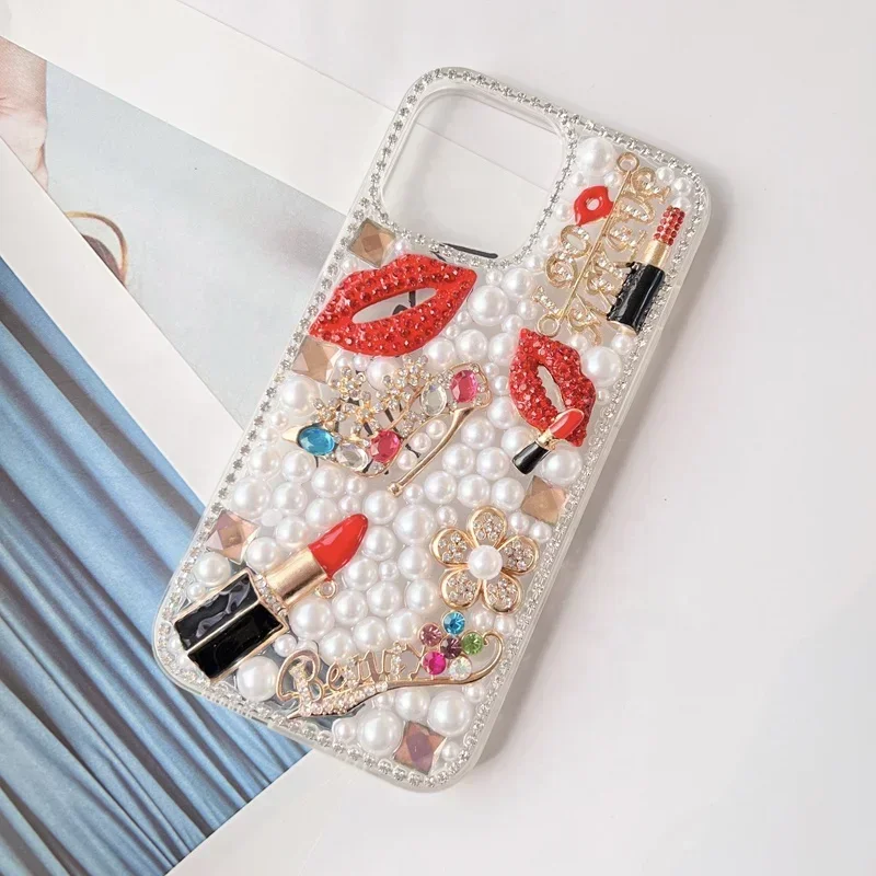 

Luxury Fancy Phone Case with Hot Pearl and Lip Bling for Samsung S24 S20 Plus S21 FE S22 23Ultra Note20 10 , DIY High Heel