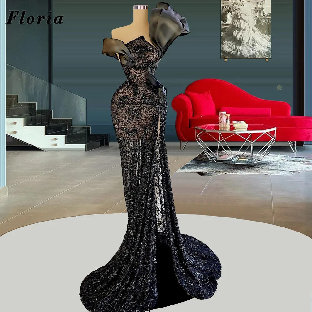

Floria Black Celebrity Dresses With Beads Sequins Sexy Illusion Dubai Arabic Long Split Side Evening Dresses Couture Prom Gowns