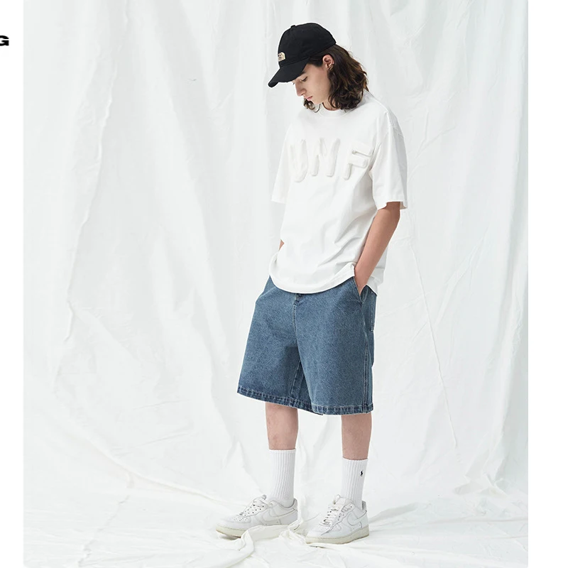 Men's Blue Denim Shorts 2023 Summer Casual Loose Baggy Jeans Shorts Harajuku Streetwear Hip Hop Short Pants Solid Color