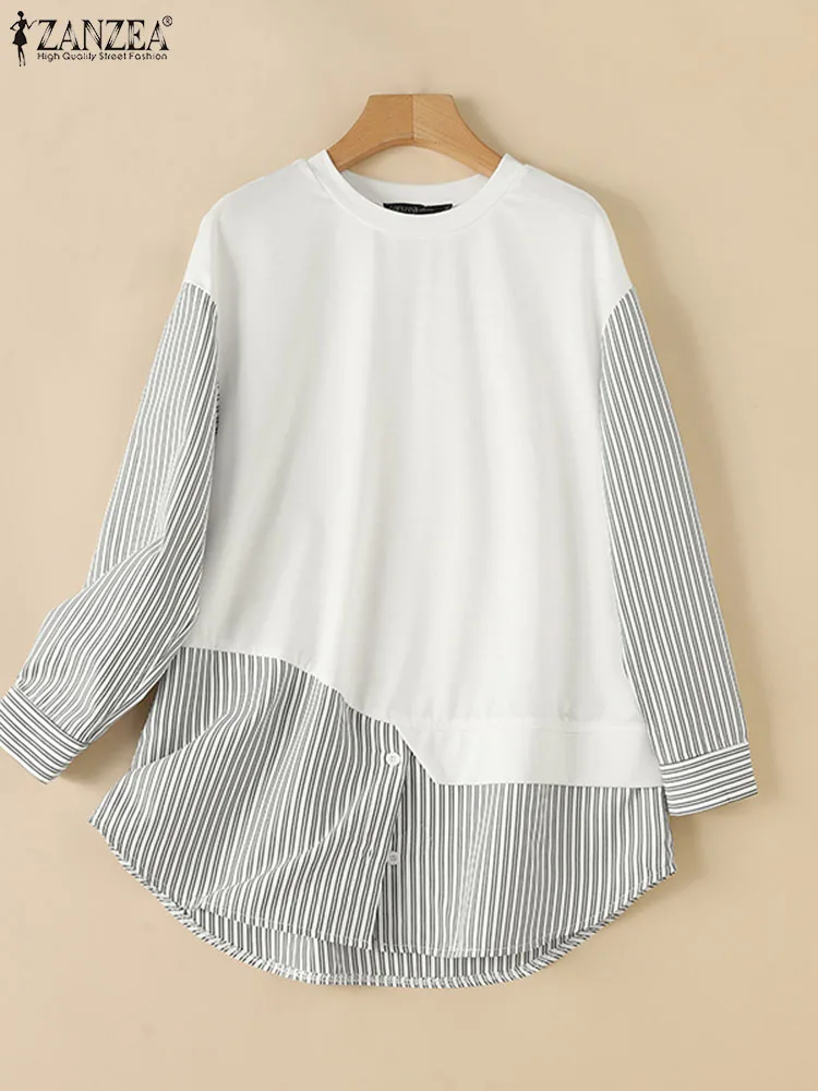 2024 ZANZEA Casual Stripe Patchwork Sweatshirts Fashion Button Cuffs Hoodies Long Sleeve O-Neck Pullover Woman Elegant Chemise