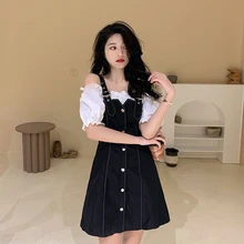 

Estceque Plus Size Black Denim Women Dresses Fake Two-piece Strap Dress One-word Neck Puff Sleeves Women Dress French Style 2022