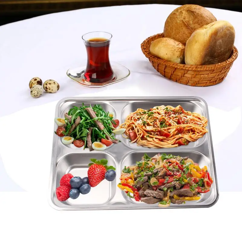 Paquete De 2 Bandejas De Platos Divididos De Acero Inoxidable Con Tapas, 4 Secciones, Platos De