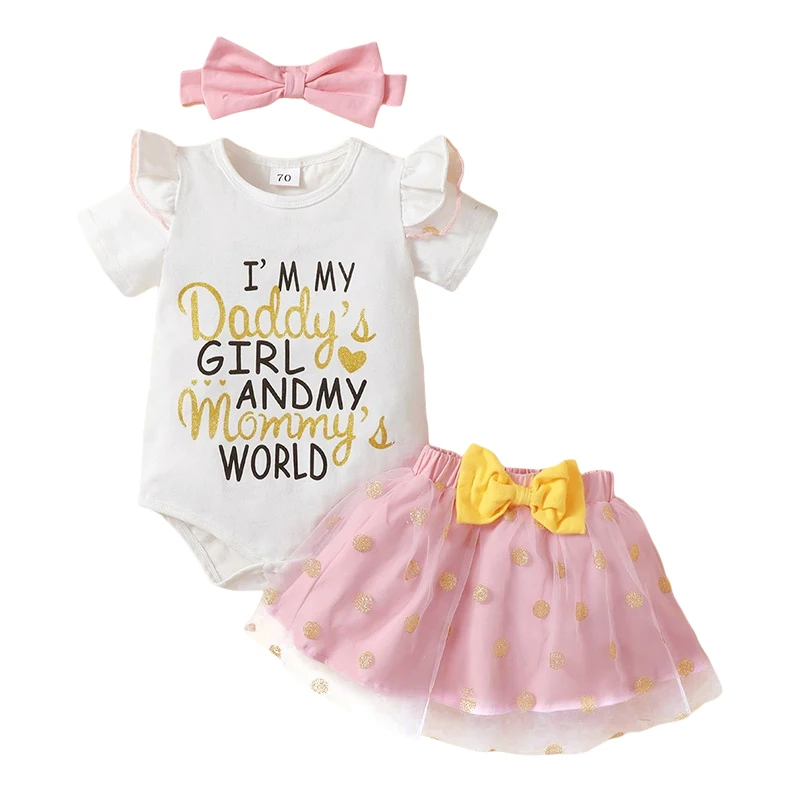 Newborn Baby Girl Outfit Daddys Girl Mommys World Funny Printed Short Sleeve Bodysuit Romper Purple Tutu Skirt Set 