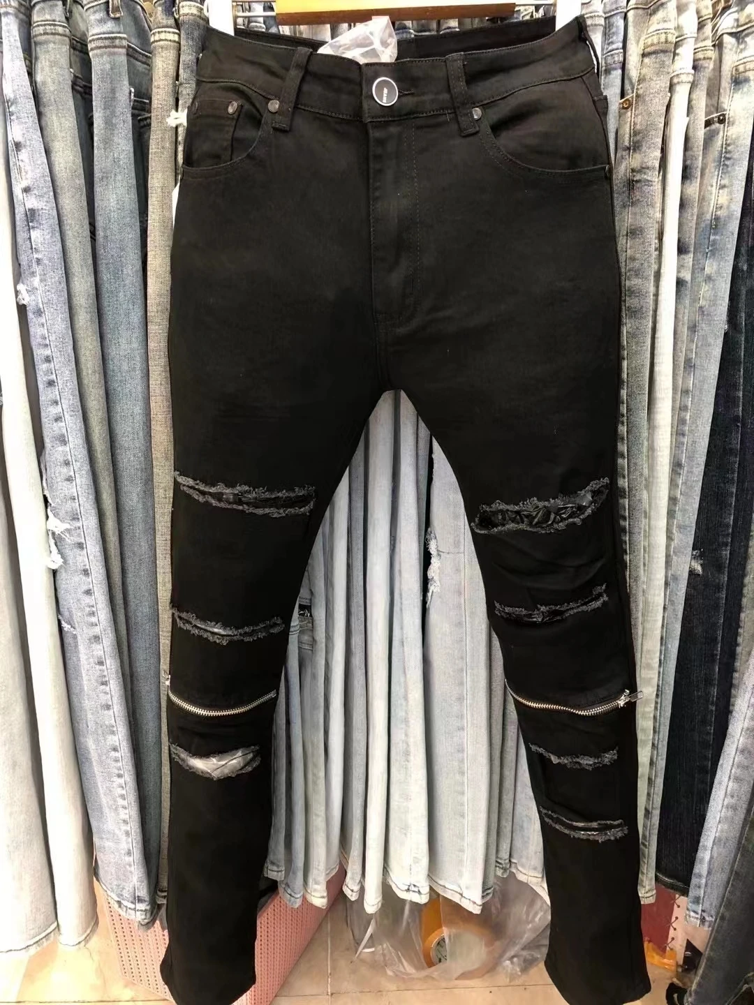 Knee Zipper Hole Spijkerbroeken Heren Ripped Jean Streetwear Skinny