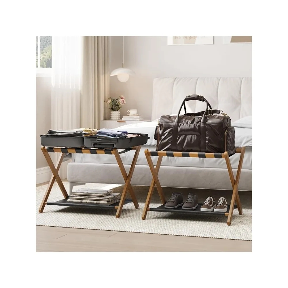 Description Picture 2 of item2 Pack Luggage Rack, Folding Luggage Rack for Guest Room, Walnut Bamboo Suitcase Stand Holds up to 131 lb, Luggage Stand