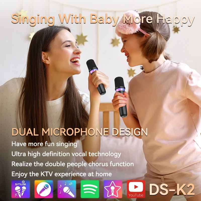 VAORLO DS-K2 가라오케 컴패니언 Bluetooth 5.3 무선 이동 코일 마이크 RGB 다채로운 빛 KTV DSP 믹서 시스템 유선 스피커/자동차 키트/PC/TV/전화용 3.5MM AUX Type-C