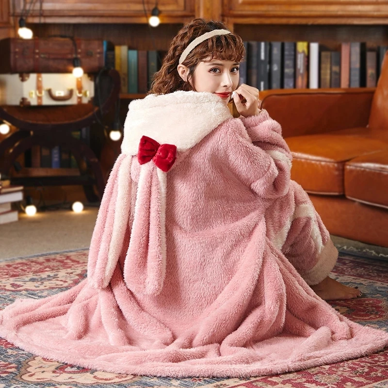 Women Sleepwear Sweet Bathrobe Autumn Winter Thick Hooded Flannel Ladies Fleece Cute Long Dressing Gown