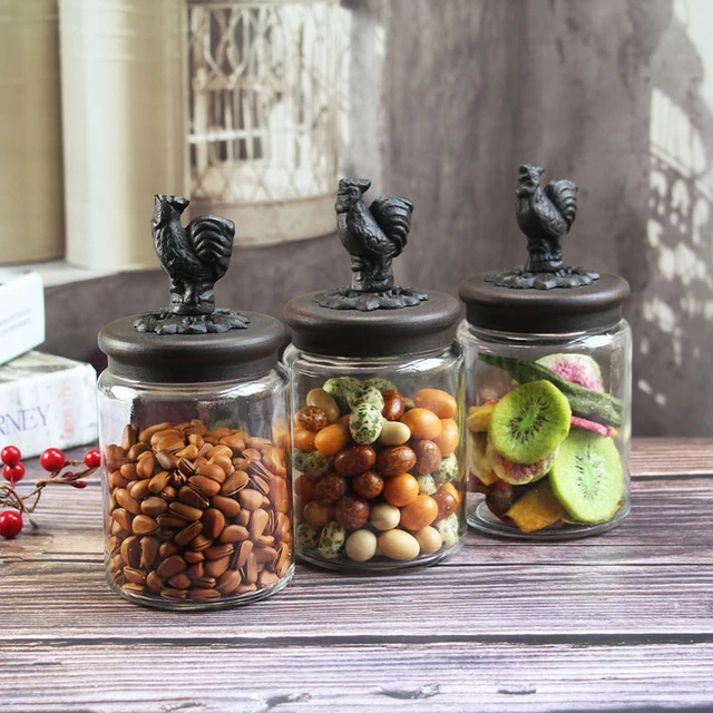 European Vintage Glass Storage Jar With Sealed Iron Lid And Cast Iron  Rooster Decor For Serving Tea Coffee Spice Candy 600ml - AliExpress