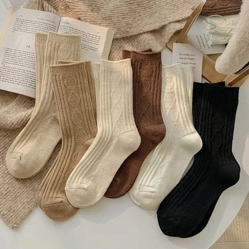 

6 Pairs Thick Wool Cream Colour Women's Sock Pattern Medium-tube for Winter Versatile Cotton Pile Sock Sport Durable Casual Hose