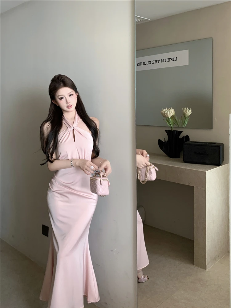 Sexy Bodycon Satin Evening Party Dress Sleeveless Halter Slim Mermaid Summer New Midi Dresses for Women Prom Vestidos Mujer