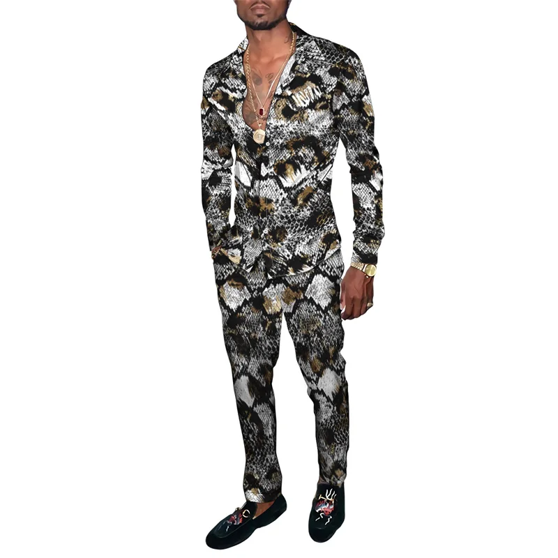 Hawaiian Shirt Suit 3D Serpentine Print 2PCS Set Striped Check Fashion Breathable Men Long Sleeve Shirt  Pants Two Piece Suits 2