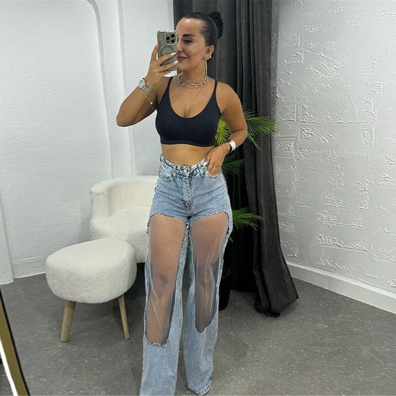 2025 Designer Women's Jeans Pant Blue Denim with Sheer Mesh Knee Panels Hip Hop Style Distressed High Waist Streetwear Trousers 2