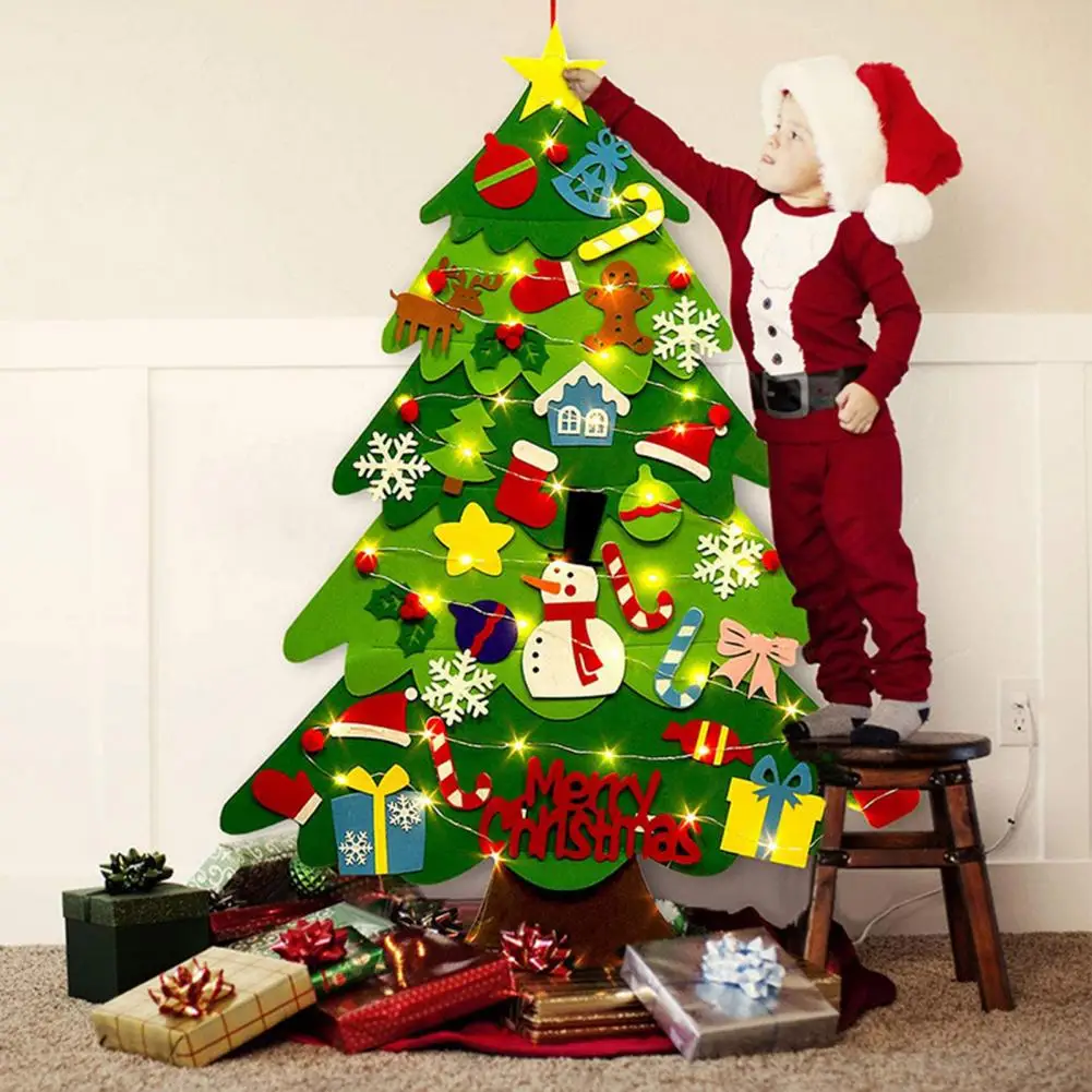 Hanging Christmas Tree for Door Plush Christmas Tree for Kids Montessori Felt Set with Ornaments Lights Kids