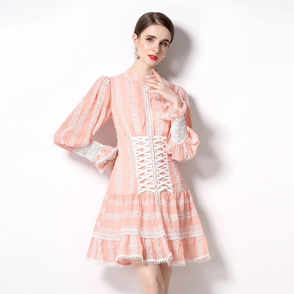 

Runway Fashion Lace Trims Embroidery Hollow Out Stitching Short Dress Women's Long Lantern Sleeve Belt Party Mini Vestidos M6537