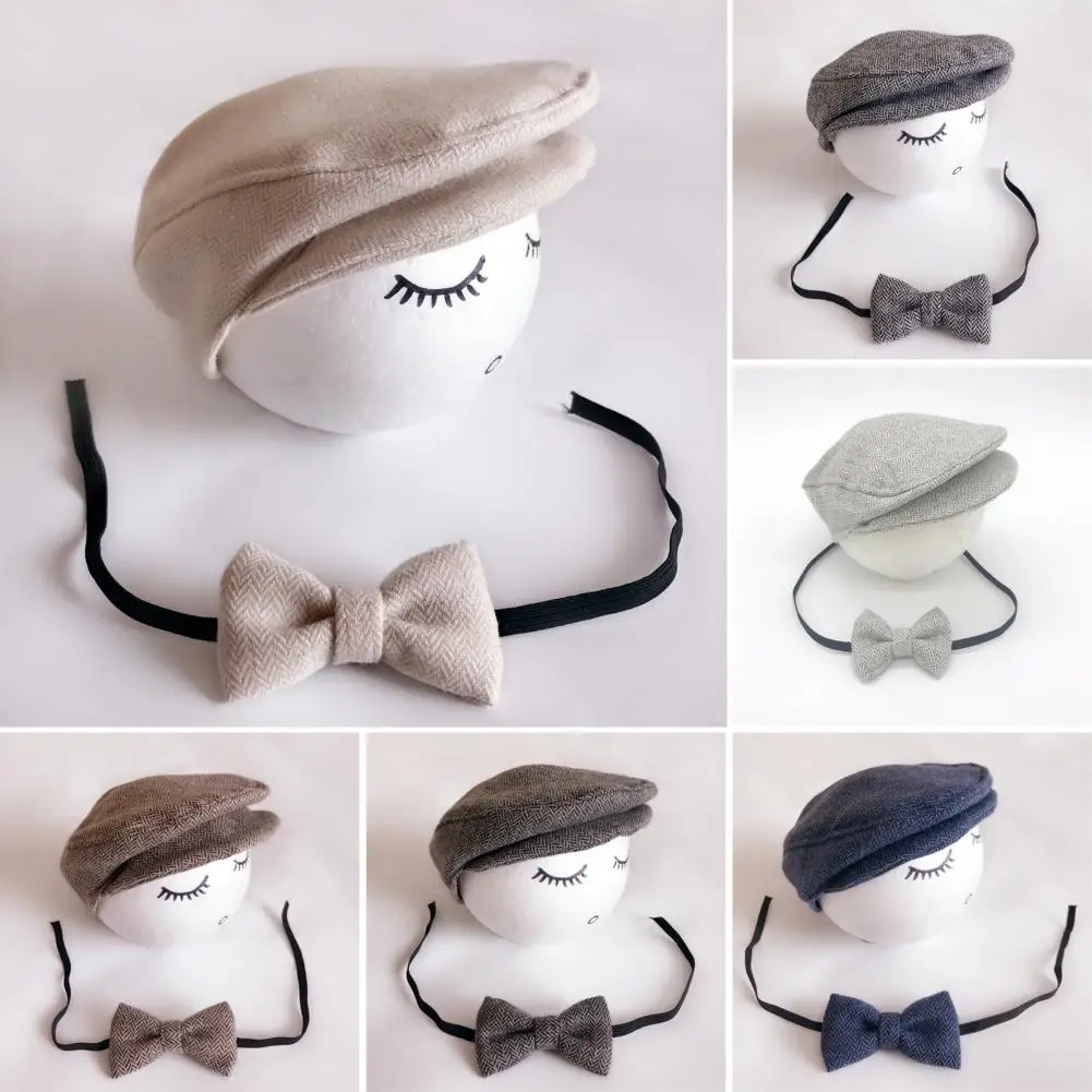 

Hat Bow Set Newborn Baby Photography Prop Set with Herringbone Peaked Cap Lace Up Bow Tie Adjustable Toddler for Photoshoots