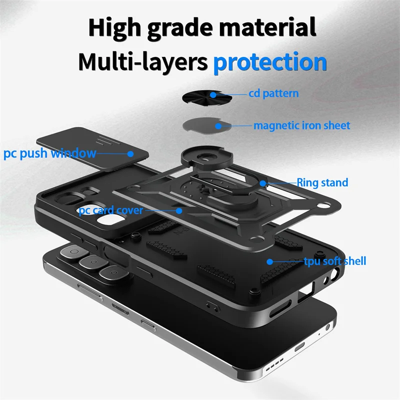 Slide Lens Protect Armor Phone Case with Ring Magnetic Stand Holder and s