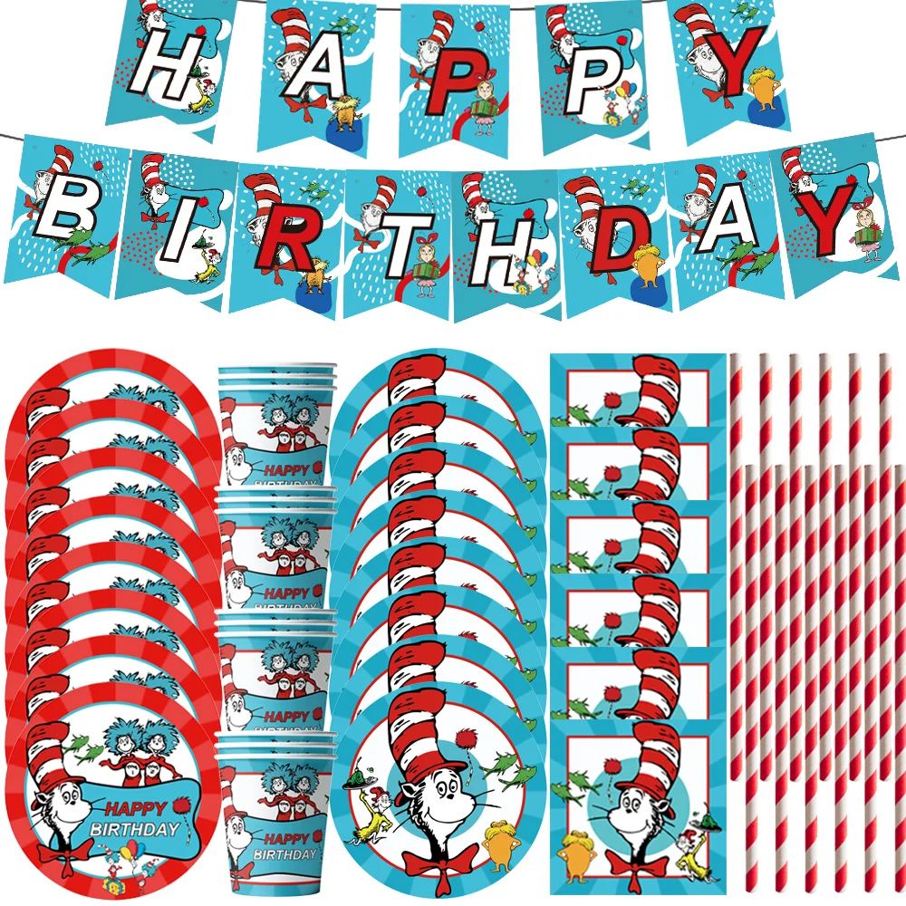 

Cartoon Cat in the Hat Birthday Decoration Children's Theme Tableware Paper Plate Cup Napkins Cat Baby Shower Party Supplies