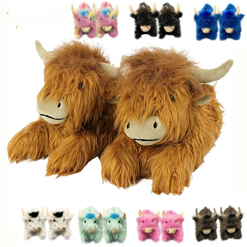 Winter Highland Cow Slippers Fluffy Highland Cattle Plush Slipper Soft Warm Home Indoor Cute Cartoon Furry Slides for Women Men — view 6