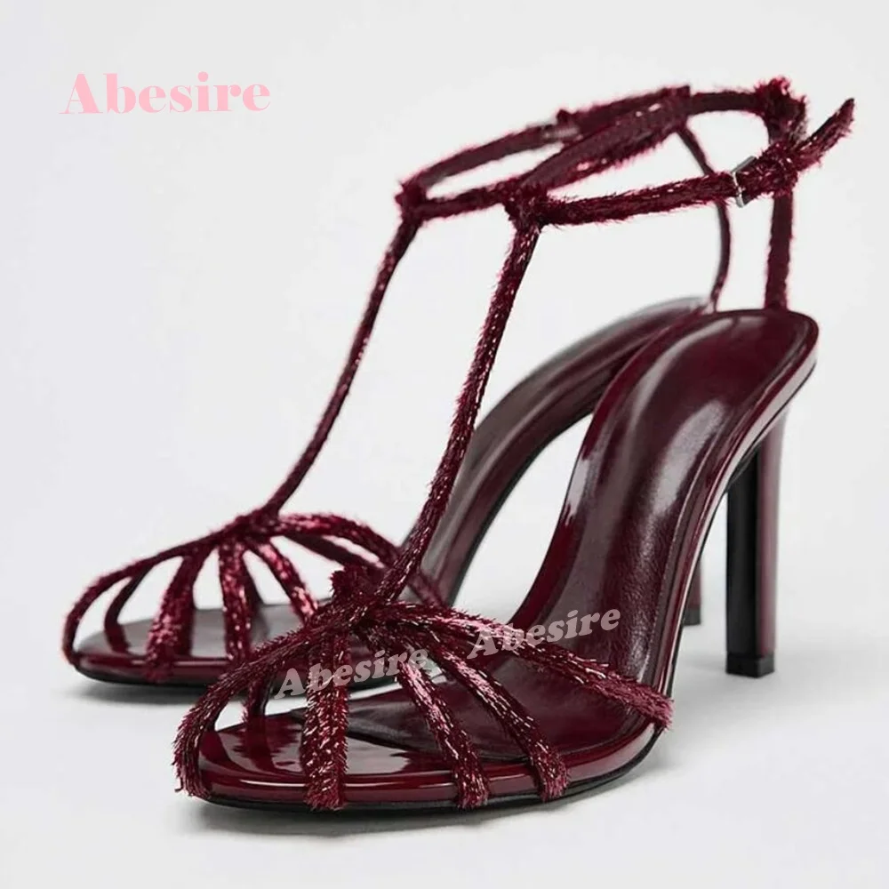Women's T-Strap Sandals Round Toe Cut Out Stiletto Heels Bling Slingback Summer Party Shoes