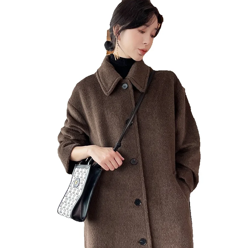 

Обработанное флисовое пальто верблюжьего цвета, женское кашемировое Длинное свободное утепленное шерстяное пальто из верблюжьей шерсти, новый стиль
