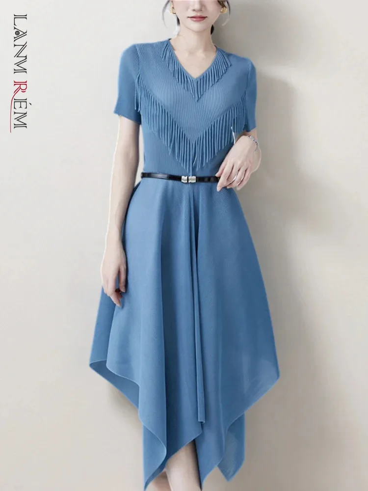 

LANMREM Tassel Irregular Dress For Women V-neck Short Sleeves Solid Color Belt Gathered Waist Dresses 2024 Summer New 2Z1360