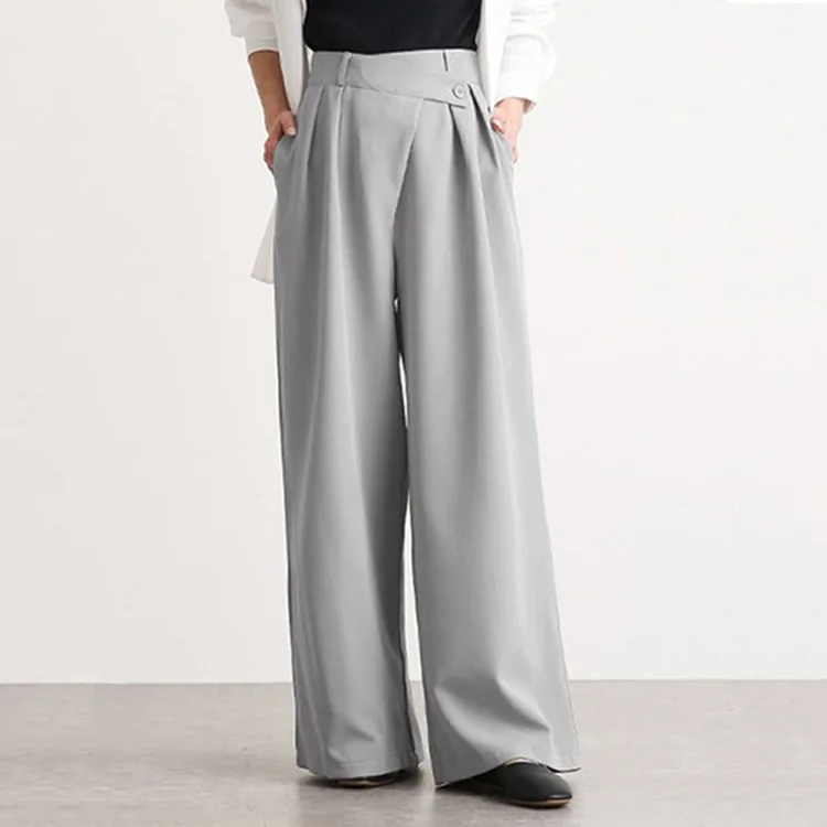 Irregular Button Pant For Women High Waist Solid Straight Wide Leg Trousers Office Lady Clothing 2024 Autumn New 3