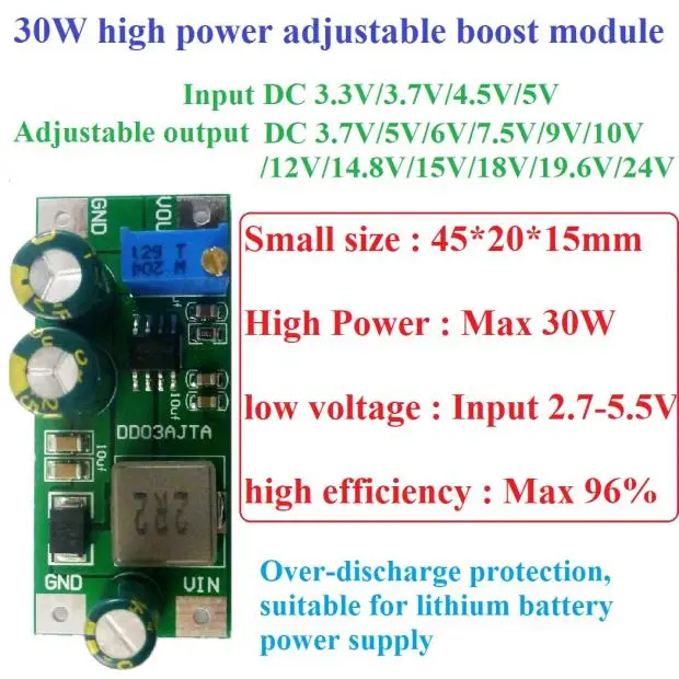 

1PCS 30W Adjustable Step-Up Module DC 2.7-5.5V to 3.5-24V DC-DC Boost Converter Board for 18650 lithium battery LED Motor