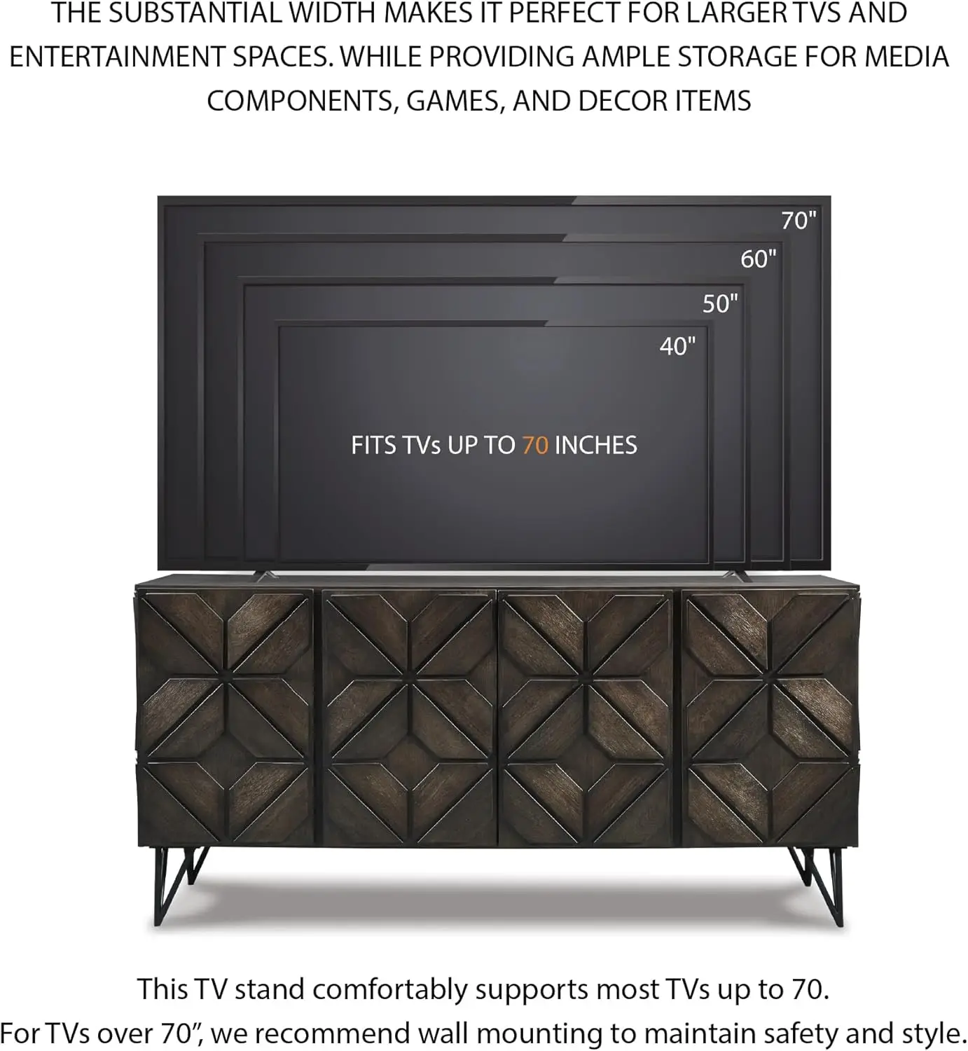 2025-hotChasinfield Urban Geometric Design TV Stand Fits TVs up to 70", 4 Cabinet Doors and 3 Adjustable Storage Shelves, Dark B