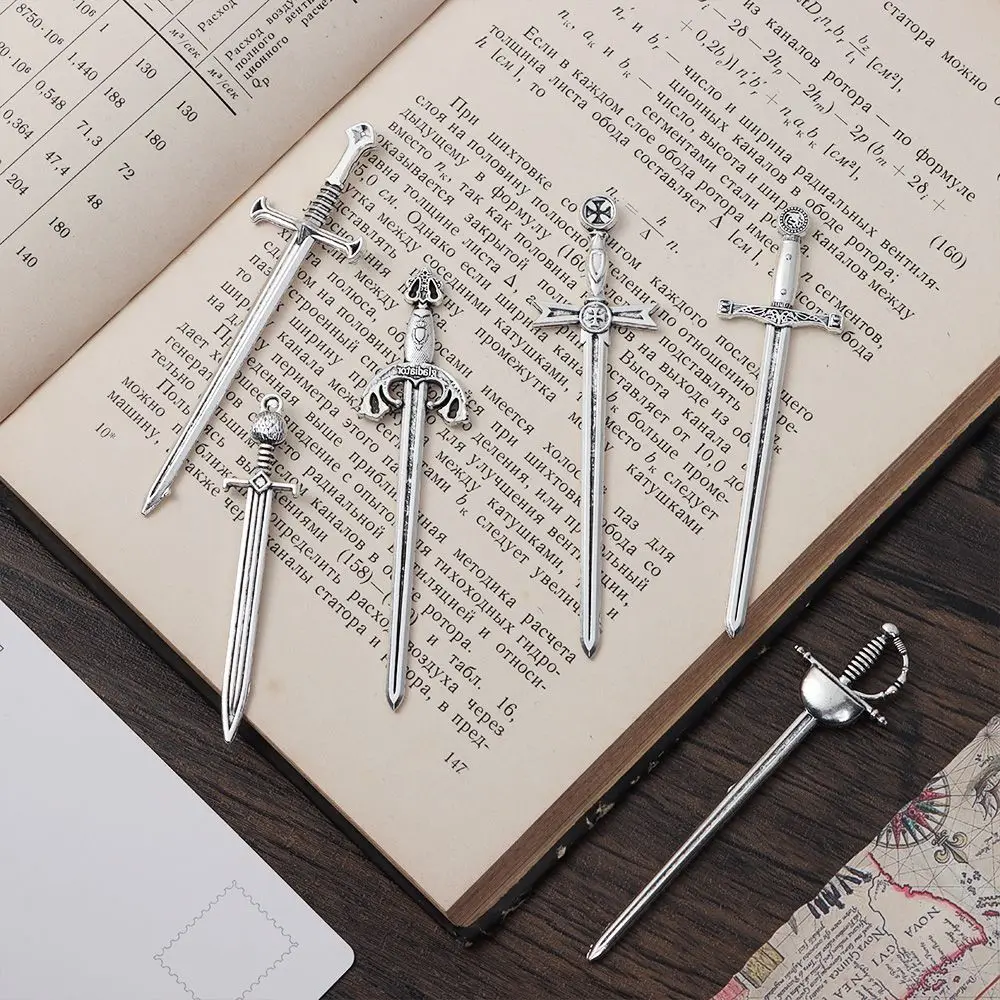 6Pcs/Set Creative Antique Swords Knife Bookmark Charms Metal Bookmarks  Pendants Book Clips Reading Mark Supplies Bookmark Gift