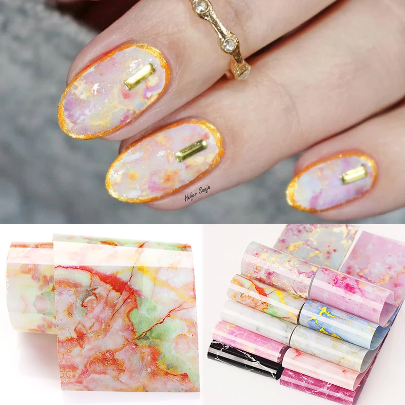 Nail Stickers 10Pcs/Bag Marble Nail Art Transfer Foil Flower French Tip Wraps Adhesive Decals Manicure Accessories