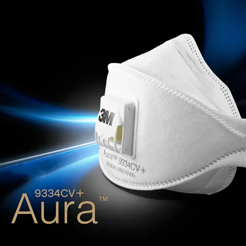 Vue de profil du masque 3M Aura 9334CV FFP2 montrant l'épaisseur du filtre et la valve.