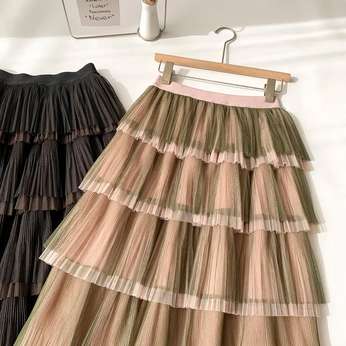 

Multilayer Ruffled Tulle Long Skirt Women Summer Korean Style Vintage Pink High Waist A-line Mesh Tutu Pleated Cake Skirt Female