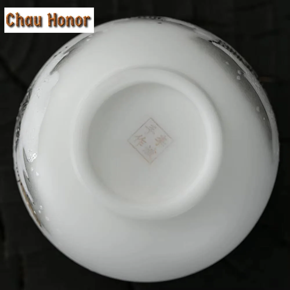 160ml Ice Seed White Jade Mud Porcelain Teacup Hand Drawn Landscape Master Cup Chinese Jianzhan Personal Tea Bowl Kung Fu Teaset