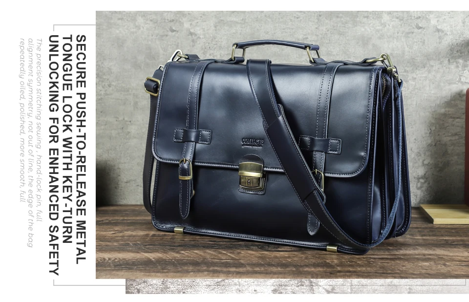 CONTACT'S Men's Bag Crazy Horse Leather Briefcase Men Business Bag For 14" Laptop Quality Leather Shoulder Messenger Bags Male