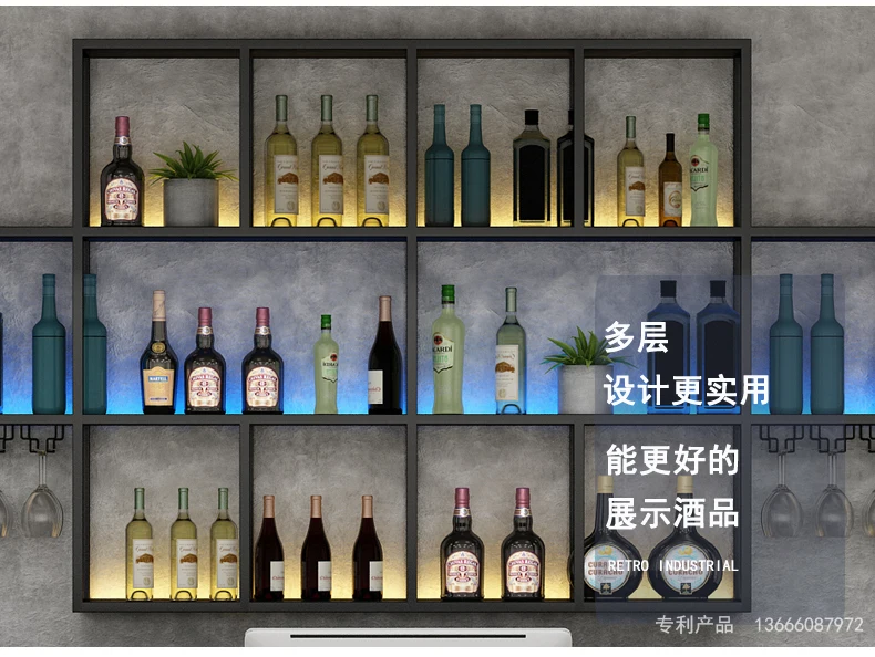 Bar Restaurant Bar Counter Wall Wine Cabinet Display Cabinet Against the Wall Luminous Simple Creative Mounted Shelf