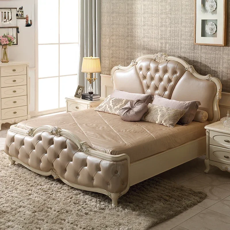 

Court French double European rose carved pearlescent leather wedding master bedroom solid wood big bed R1