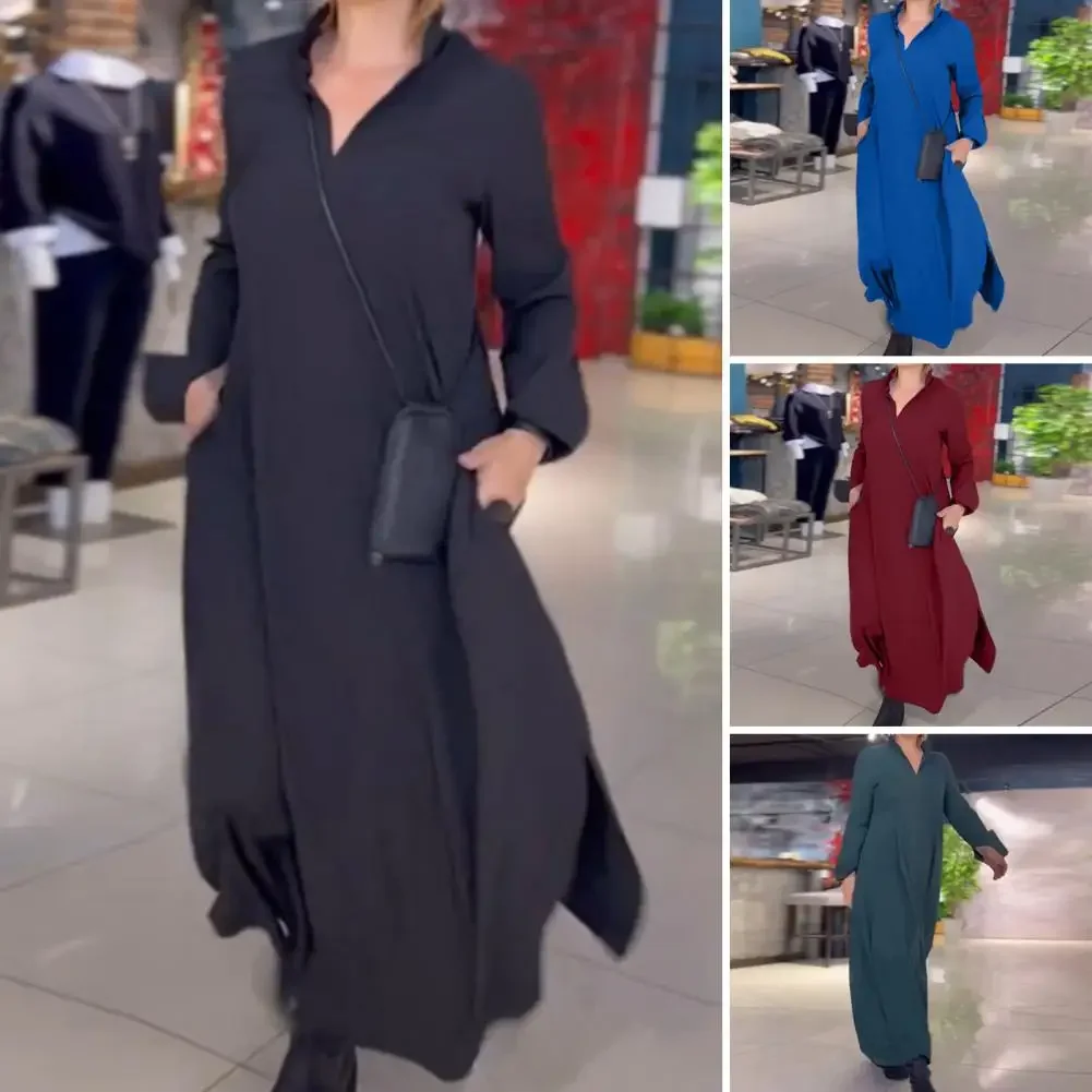 

Autumn Women Maxi Dress Lapel V Neck Split Hem Long Sleeve Dress Soft Breathable Ankle Length A-line Lady Fall Spring Dress