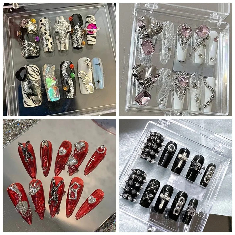 Uñas postizas de estilo Punk Y2K hechas a mano, puntas largas de ataúd, purpurina, diamantes de imitación, uñas falsas cortas reutilizables con pegamento, regalo