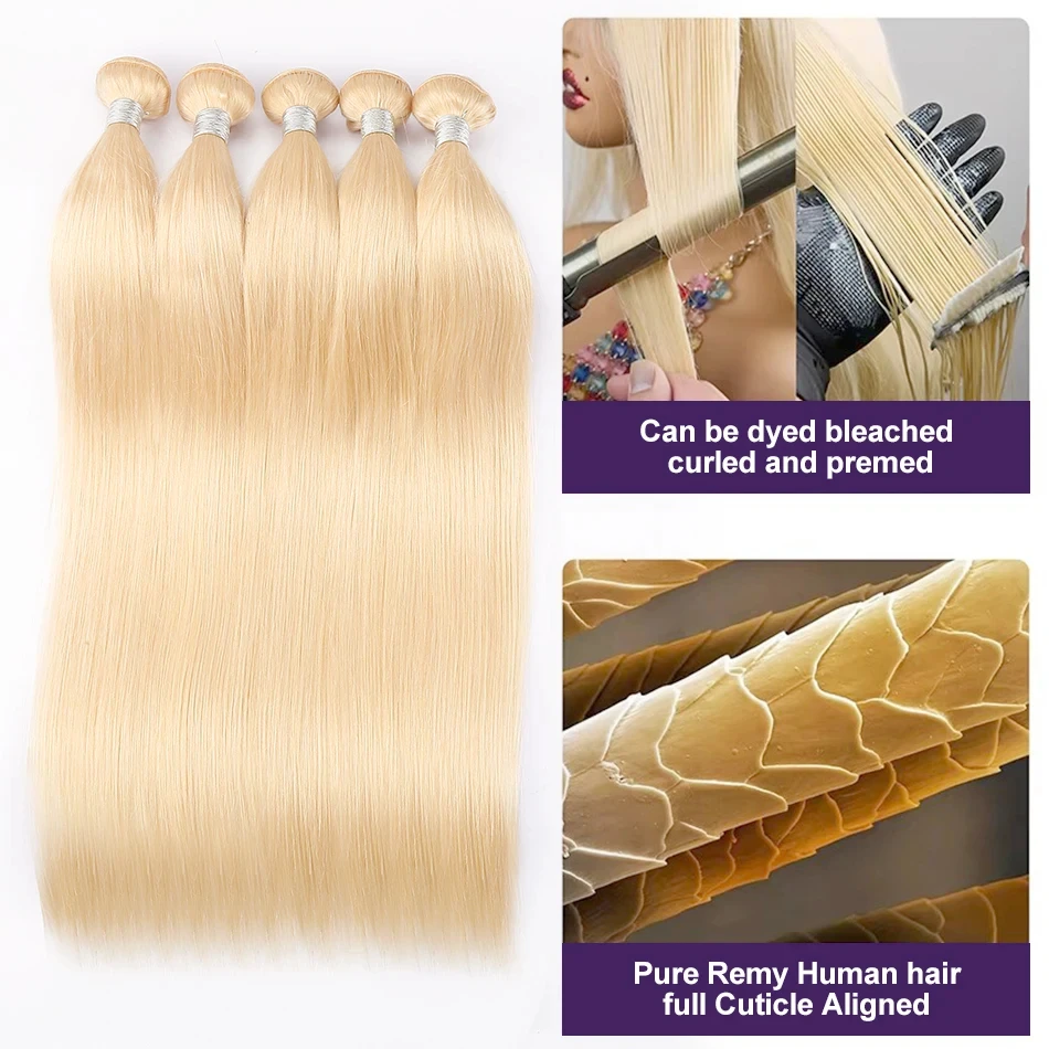 Extensioni di capelli umani lisci biondi 613, 1/3/4 fasci di capelli umani vergini biondi colorati, trama per donna - immagine 3