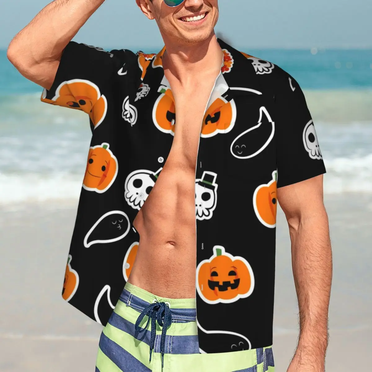 

Hawaiian Shirt Vacation Cute Ghost Print Blouses Halloween Pumpkins Vintage Casual Shirts Men Short-Sleeved Y2K Street Clothing