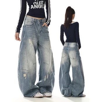 YIBASHU Women Ripped Jean American Retro Denim Blue Pants Y2k Design High Street Wide Fit Cowboy Japanese Harajuku Long Trousers 1