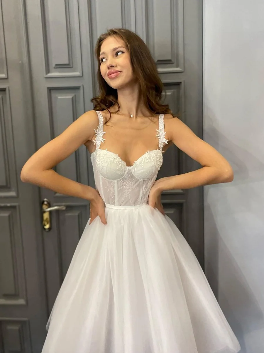 Lace Applique Little White Wedding Dresses 2025 Spaghetti Strap Tulle Bride Gowns A-line Civil Wedding Dress Engagement Skirt