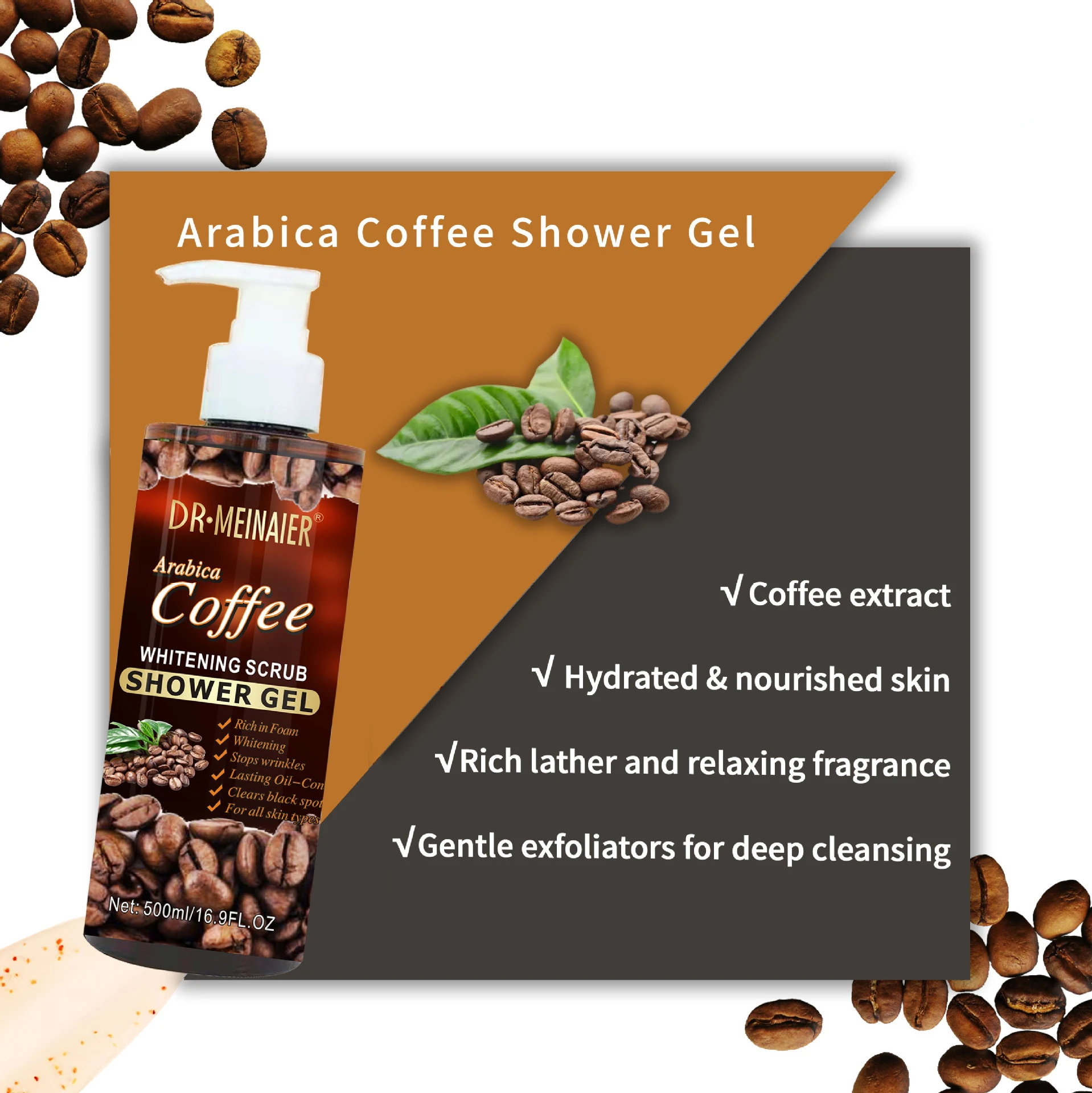 500ml Coffee Scrub Shower Gel Brightening Moisturizing Bubble Shower Gel Remove Chicken Skin and Soften Skin