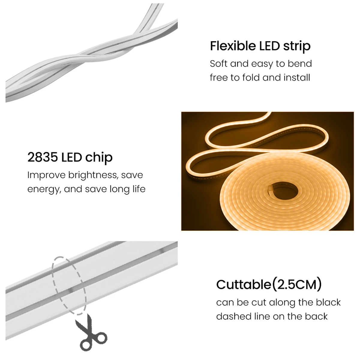 디밍 가능 솔라 2835 LED 네온 스트립 라이트 리모컨 120LEDs/m 웜 화이트 방수 플렉시블 가정용 실외 정원용 고밀도 라인형