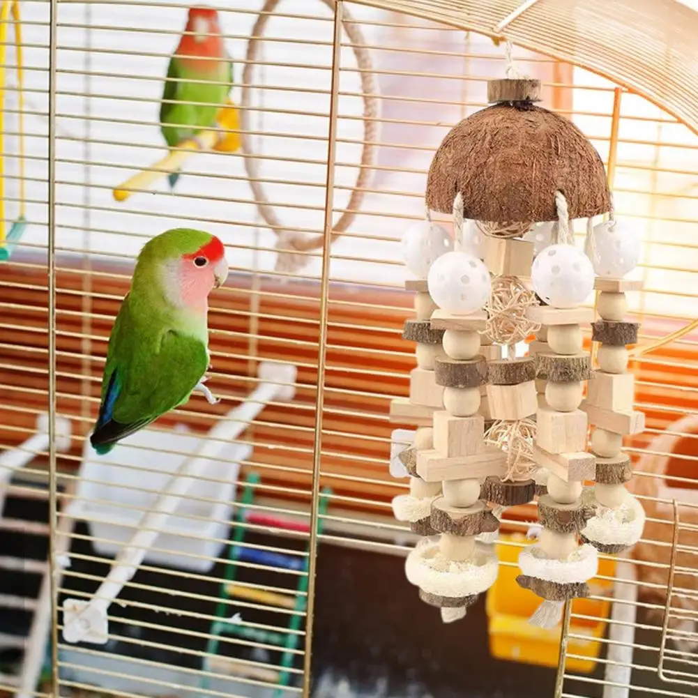 Coconut Shell Parrot Chewing Toy Hanging Natural Wooden Parrot Cage Bite Toy Medium Large Bird Supplies игрушки для попугаев 4