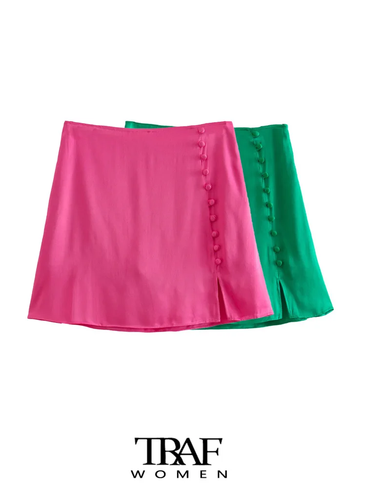 Traf Women Fashion With Buttons Satin Shorts Skirts Vintage High Waist