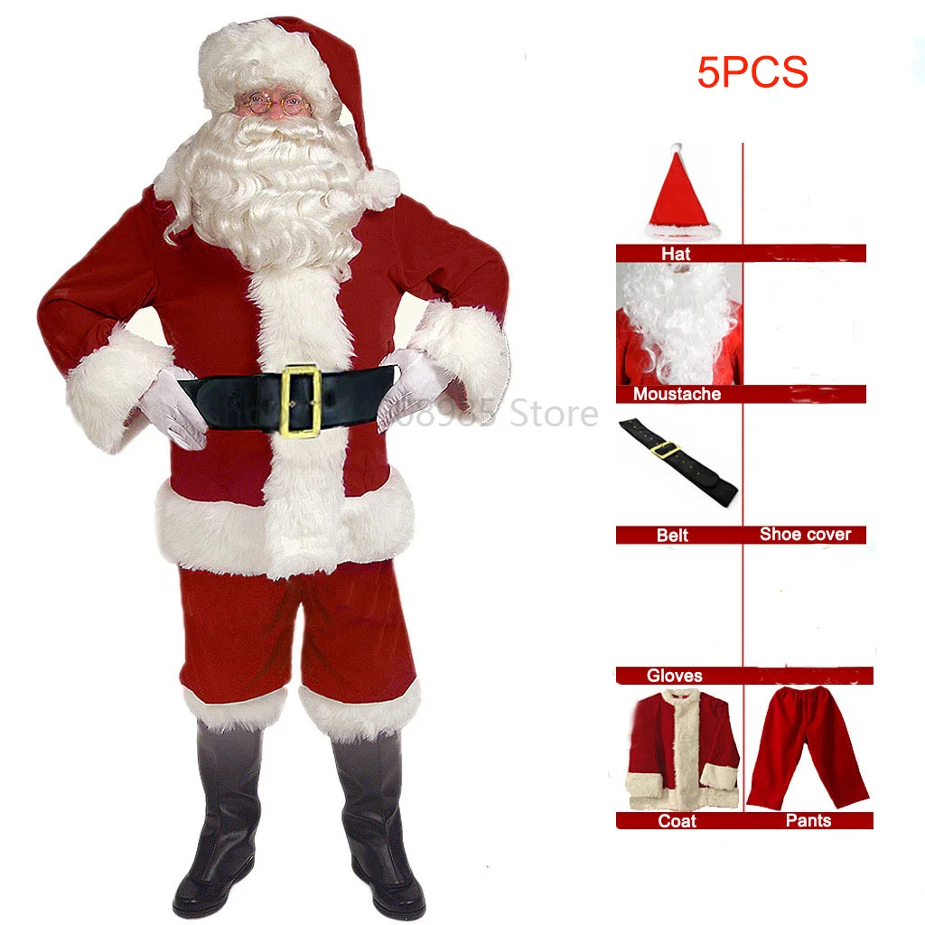 Santa Claus Costume Christmas Complete Dress-Up Outfit For Adult Santa Suit With Hat Cosplay Costumes For New Year Eve Party