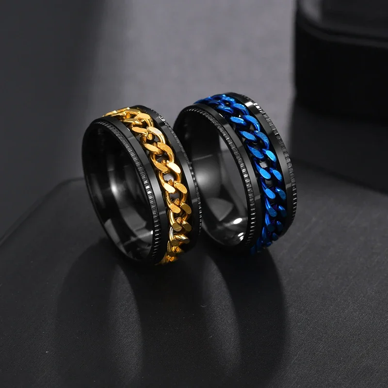 Punk Rings 8mm Spinner Chain Men Rotatable Black Blue Stainless Steel Cool Jewelry Party Gift